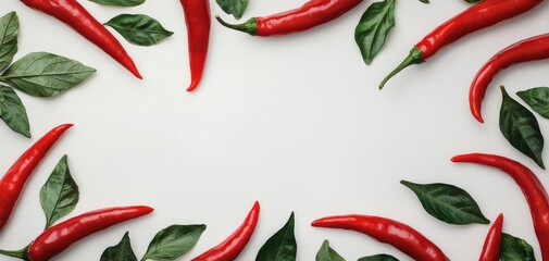 Red chili pepper and fresh leaves, crisp white background, 3D illustration