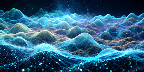 Fototapeta premium Abstract Cosmic Landscape: A mesmerizing digital artwork depicting a vibrant blue and gold cosmic landscape with swirling energy, glowing orbs, and a radiant light source