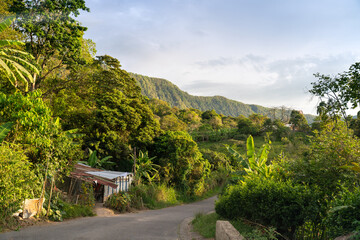 Small hut on the side of a road with a tropical climate landscape during a Colombian sunset.