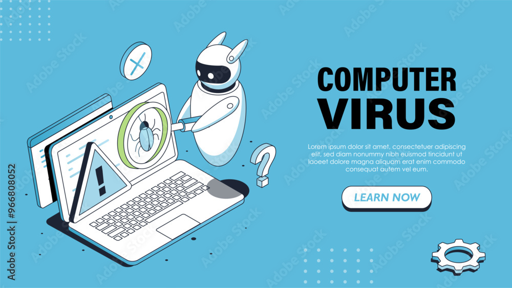 Poster isometric computer virus poster. bot with magnifying glass near laptop screen. protection against vi