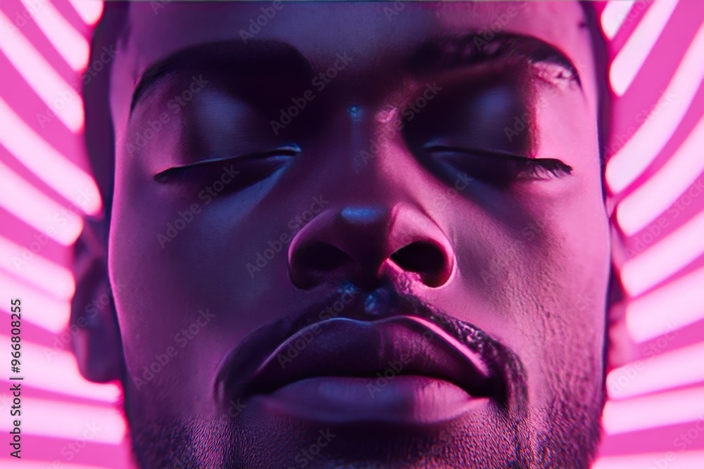 Poster brain model neural representation and neurotrophic factor close up of a mans face with neon lines sy
