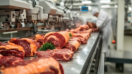 Fresh Meats on a Conveyor Belt in a Processing Plant
