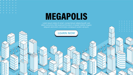 Fototapeta premium Isometric megapolis banner. Modern city with skyscrapers. Urban infrastructure and architecture. Volumetric town. Template and layout. Landing page design. Linear vector illustration