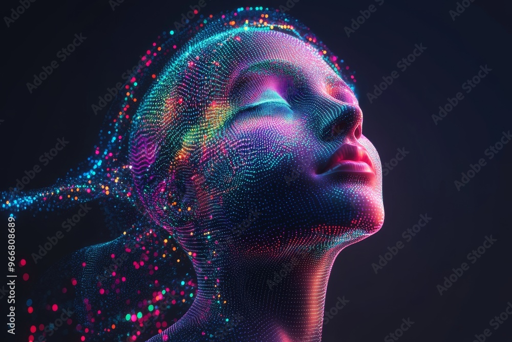 Poster neural modulation cerebral activity and cortical activity woman with digital dots around her symboli