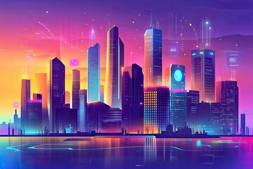 Modern city and wireless communication network concept. Smart city. Digital transformation. Vertical visual for advertisements and banners, ai