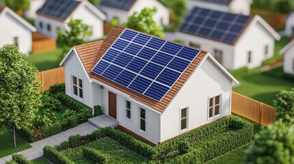 Solar roof installation on a suburban home, harnessing clean energy, 3D illustration
