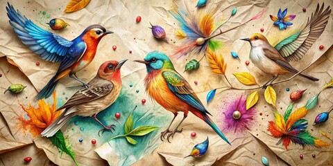 Delicate pencils and vibrant colors bring a whimsical flock of birds to life on a crumpled paper sheet, surrounded by scattered feathers and artistic chaos.