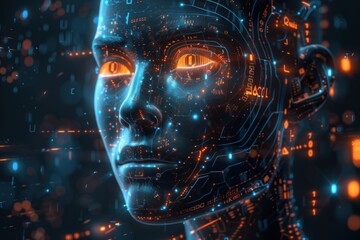 A digital rendering of a human face with glowing orange eyes, surrounded by circuit boards and data streams.