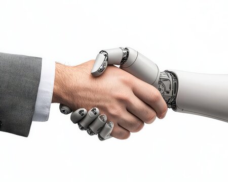 Human hand and robot hand are doing a handshake Human wears a suit Robot doesn t wear anything and has this color 03989e hyperrealistic Backroud is white