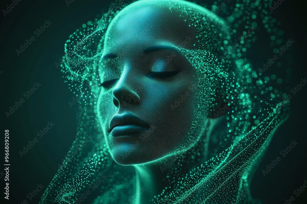 Poster neuroaesthetic digital neuroanatomy and neurofeedback loop digital abstract face with neon dots symb