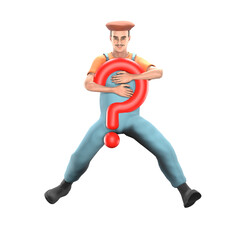 Artistic 3D Cartoon. A male painter is jumping with both hands holding a red question mark in front of his chest. Male Painter Model