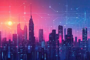 Obraz premium Modern city and wireless communication network concept. Smart city. Digital transformation. Vertical visual for advertisements and banners, ai