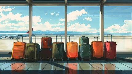 A row of suitcases in an airport terminal with large windows looking out onto the tarmac and a plane in the distance.