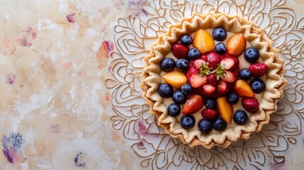 Delicious fruit tart with blueberries, strawberries and peaches.