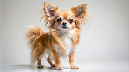 A small, long-haired Chihuahua stands upright, its mouth agape and ears perked, fully immersed in the surrounding