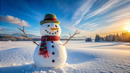 Obraz premium A snowman with a cheerful face, topped with a carrot nose and twig arms, stands tall in a