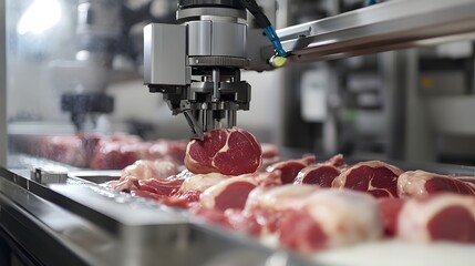 Robotic Arm Placing Raw Meat on Conveyor Belt in Processing Plant
