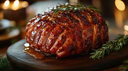 Glazed Ham with Rosemary on Wooden Cutting Board