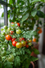 Homegrown small bush of balcony cherry red tomato, tangerine citrus in pots growing on french balcony at home, soft focus. Urban gardening and farming. Dwarf potted tomatoes plant in apartment