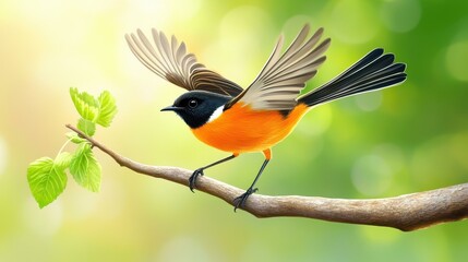 A vibrant male redstart lands gracefully on a branch, wings wide in this charming cartoonstyle illustration.