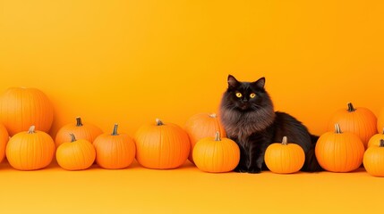 A majestic longhaired black cat sits among vibrant orange pumpkins, perfectly capturing the Halloween spirit.