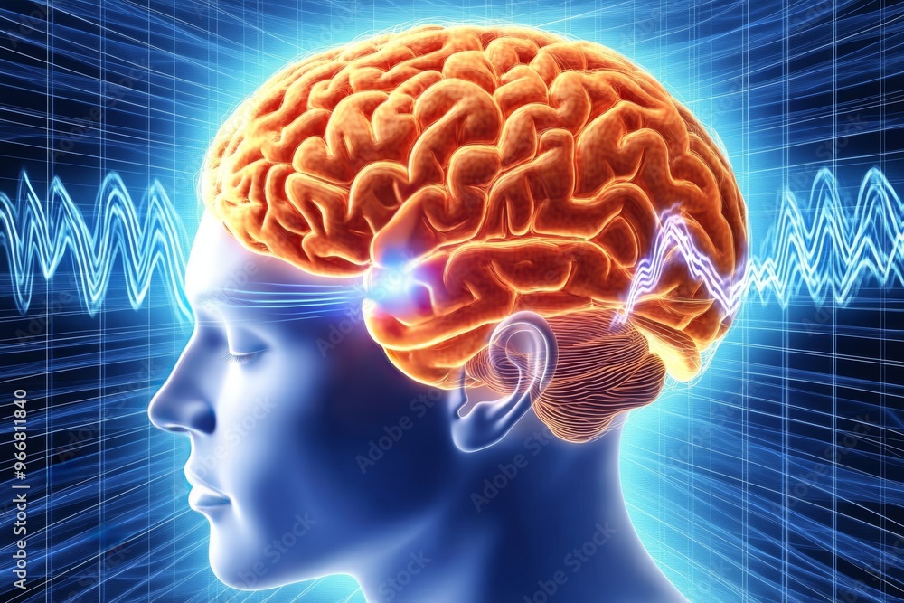 Poster electrocorticography brain computer interface and cortical activity neon blue brain emitting waves s