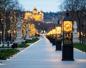 Obraz premium Enchanting evening stroll in a park illuminated by beautiful lanterns, with a historic building glowing in the background.