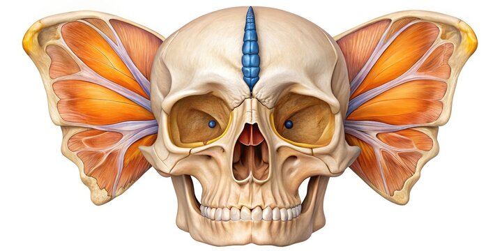 Detailed illustration of the sphenoid bone, a butterfly-shaped structure in the middle cranial fossa, forming part of the base of the human skull anatomy.
