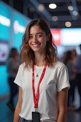 Smiling Woman Wearing White T-Shirt and Red Lanyard