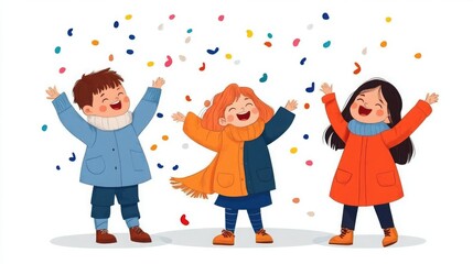 Three cheerful children celebrate joyfully, throwing colorful confetti in the air, embodying happiness and friendship.