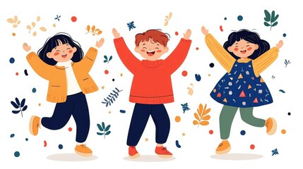 Naklejka premium Three joyful children celebrating with raised hands amidst colorful foliage and confetti, capturing pure happiness and playfulness.