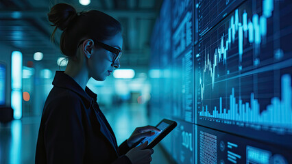 Analyzing Data: A Woman Reviews Financial Charts on a Tablet