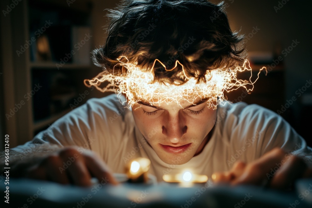 Poster neurocoherence brain mapping and cerebral activity man with brain energy swirling around him symboli