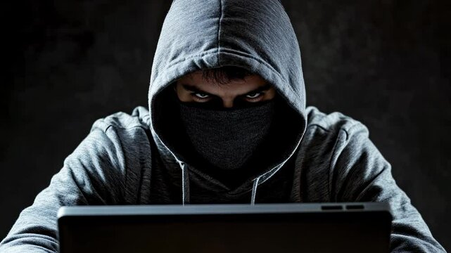 Mysterious Hooded Figure Using Laptop