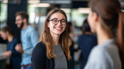 A group of smiling people in casual dressing standing around in the office