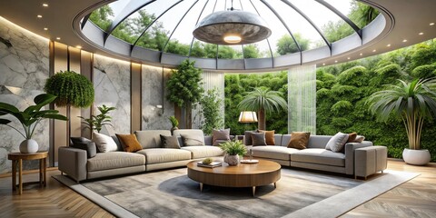 Elegant dome-shaped ceiling adds drama to a modern living room featuring a sleek sectional sofa, marble coffee table, and lush greenery in a luxurious interior design.