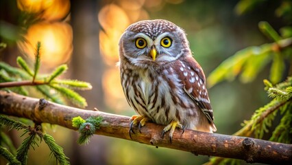 Obraz premium A tiny owl with piercing yellow eyes sits quietly on a branch, surveiling the forest floor and towering