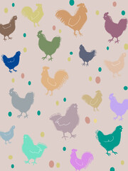 Chicken, hen, rooster pattern hand drawing sketch vector illustration design. Cute lovely poultry farm birds animal design for fabric, textile, wrapping, wallpaper and background.