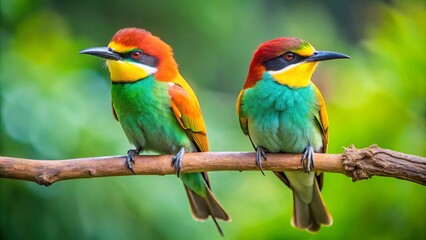 Fototapeta premium A tree branch serves as a stage for two showstopping birds, one radiant green and one shining yellow,