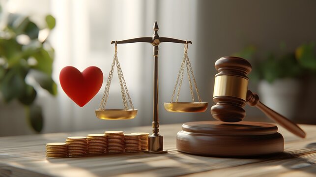 A conceptual 3D scene with a scale balancing gold coins and a heart on one side, a gavel on the other, capturing the essence of law versus emotion
