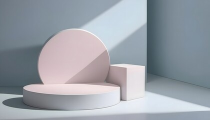 Fototapeta premium 3D rendering of a minimalist product display stand design with wall-mounted spotlights.