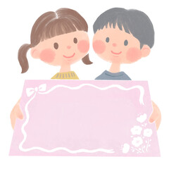 子供達が可愛いピンク色のカードを渡しているイラスト