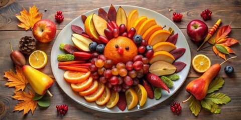 A turkey-shaped fruit platter bursts with color, as apples, pears, and plums form a soft, fluffy plumage, while