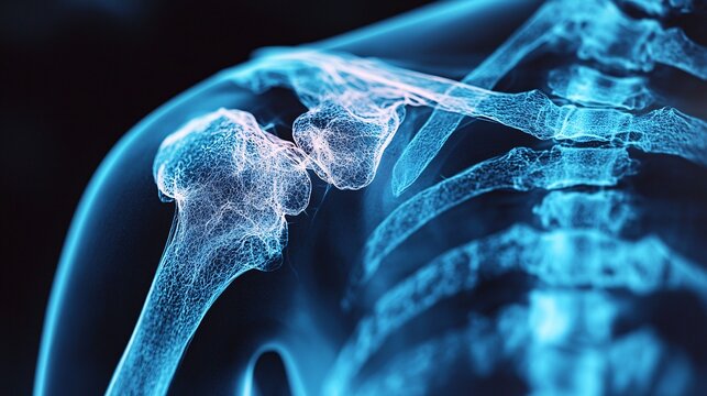 A digital representation of a shoulder x-ray, showing fractures or dislocations as the source of pain.