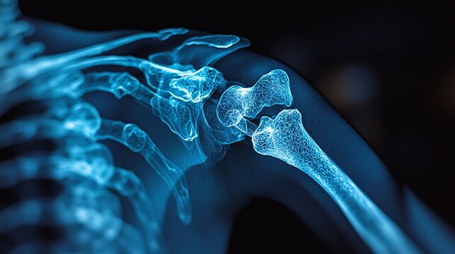 A digital representation of a shoulder x-ray, showing fractures or dislocations as the source of pain.