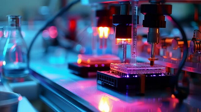 Medical machinery dispensing liquid into a microplate for analysis in a laboratory, showcasing innovative technology in modern medicine