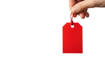Close up of a woman hand pinches a blank red price tag on a transparent background for Black Friday or sale event.