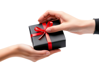 Close up of hands giving a black gift box with red ribbon to another person on a transparent background for Black Friday sales or celebration events.