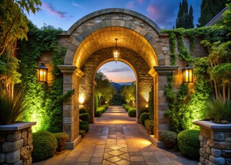 Fototapeta premium Elegant stone accents adorn the arch of a grand entryway, complementing the lush greenery and warm lighting to create a sense of luxury and inviting ambiance.