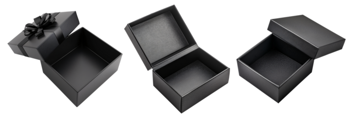 Set of isolated empty black gift boxes with open box lid on a transparent background for Black Friday sales or celebration events. Isometric view.